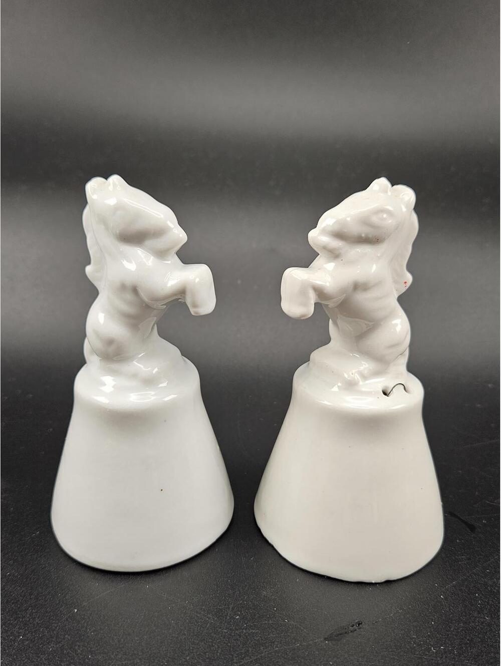 Vintage 1970s Taiwan White Ceramic Rearing Horse Bell Pair Equestrian Decor